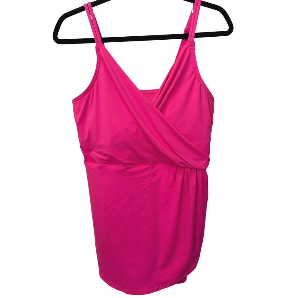 Lands End V Neck Tulip Wrap Swim Dress One Piece Shelf Bra Fuschia LP 14 16 - Picture 3 of 15